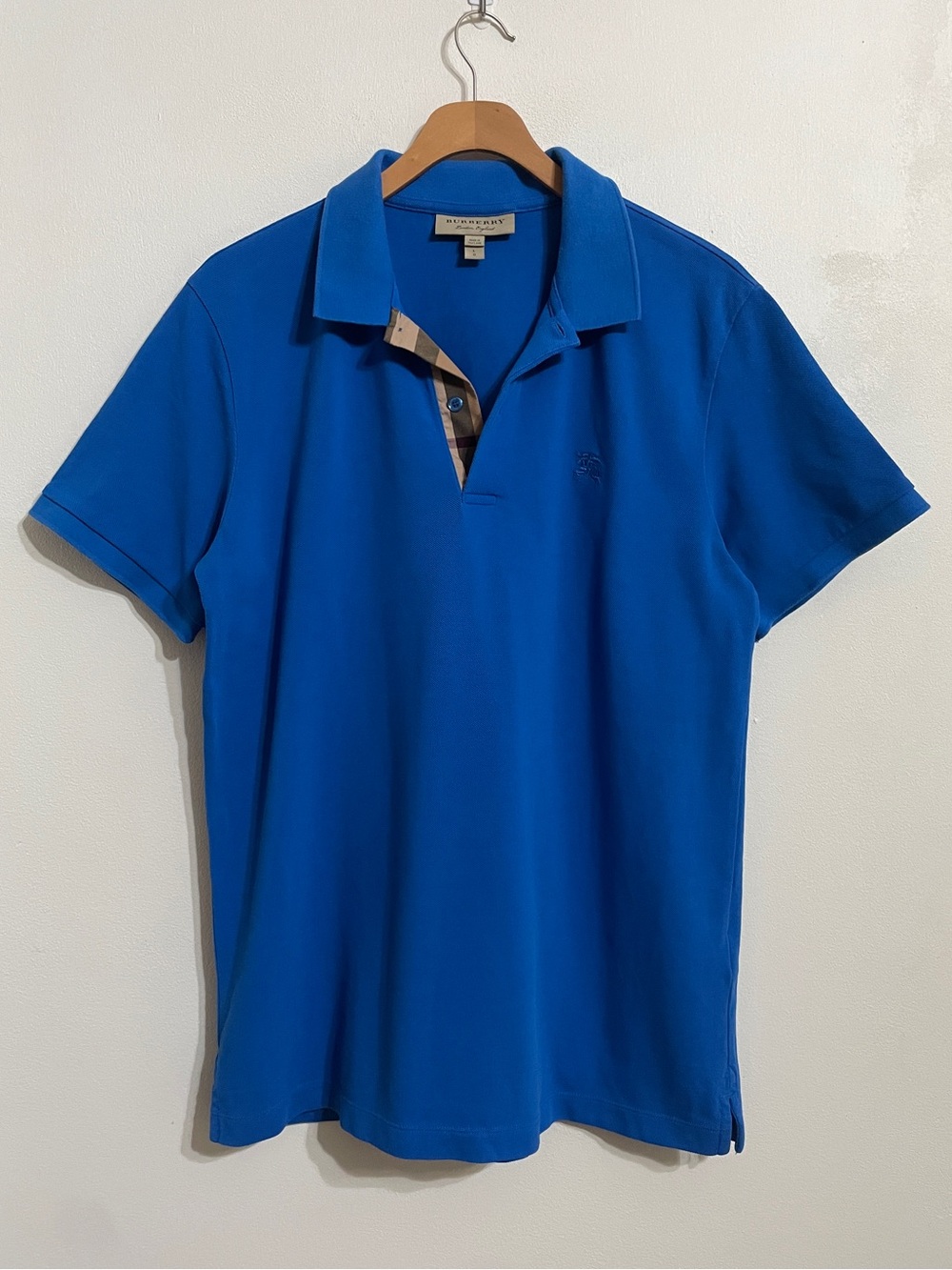 Burberry Royal Blue Short Sleeve Polo with Signature Plaid Placket